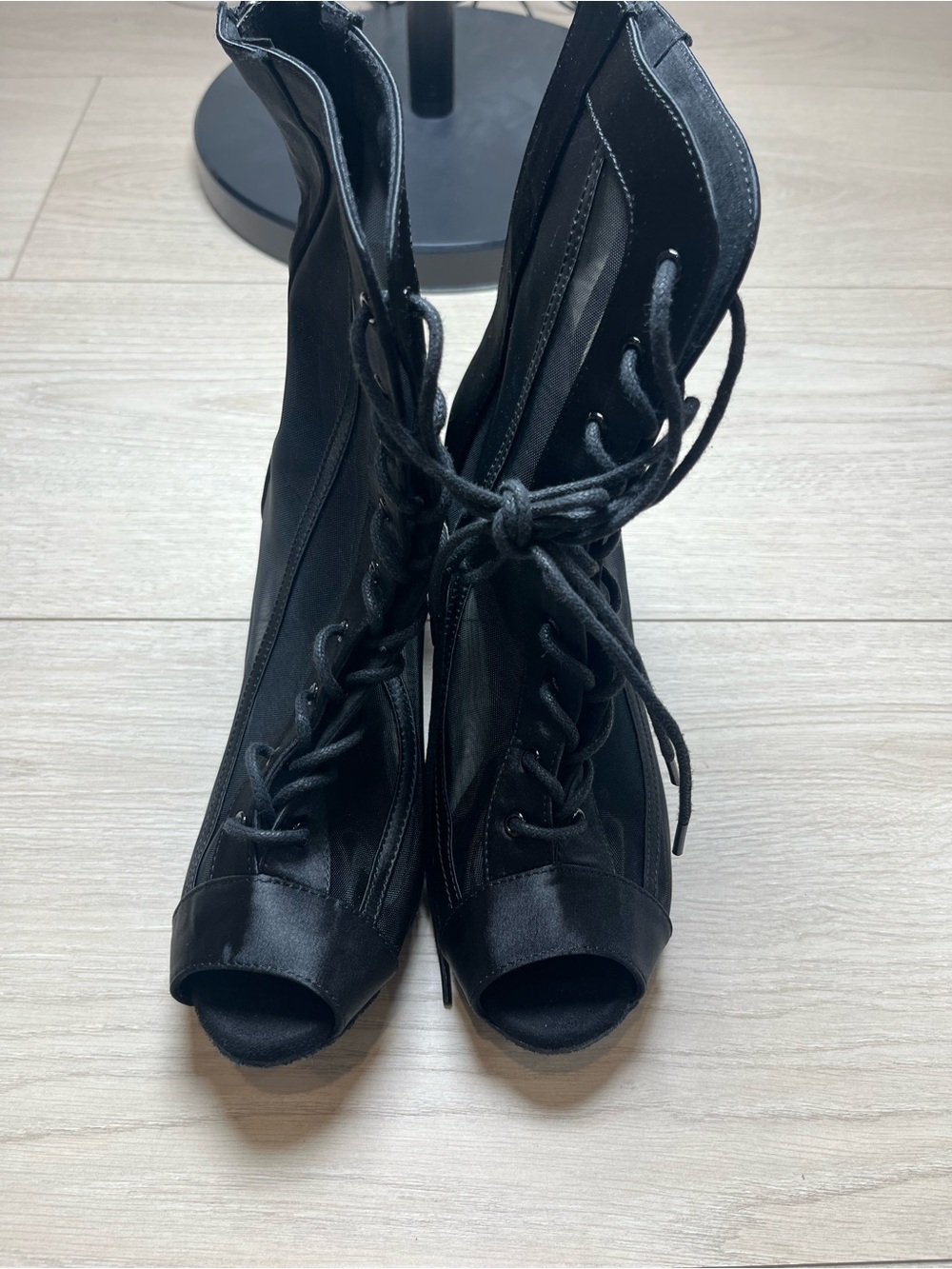 Women’s Black Ballroom Dance Boots Lace-Up Open Toe Heels Back Zipper size 9
